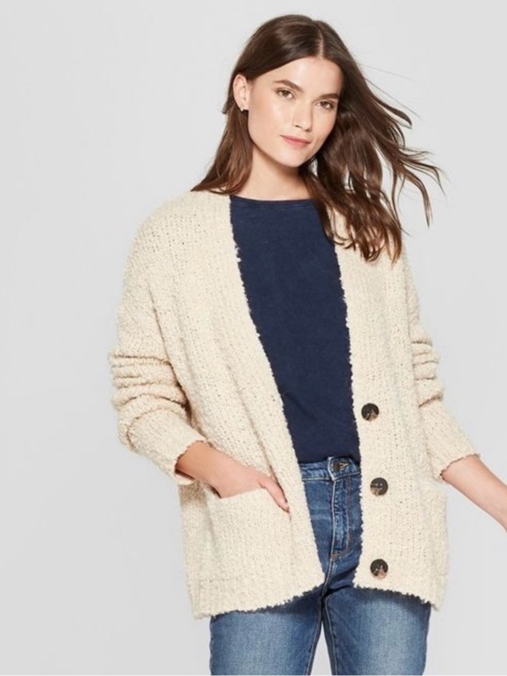 Universal Thread Bouclé V-Neck Cardigan in Cream Size XL